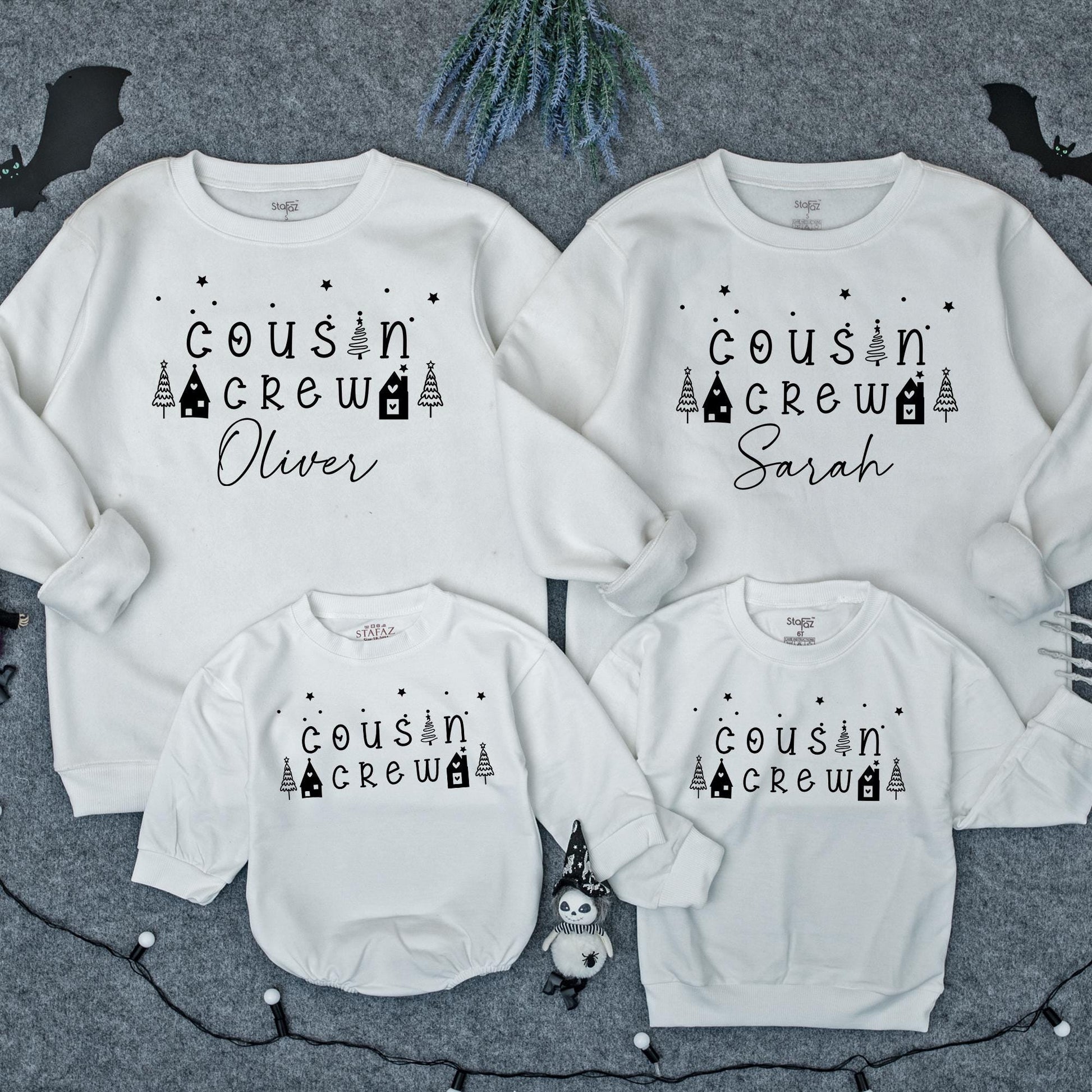 Matching Cousin Crew Christmas Sweatshirts Custom Names Retro Family Xmas Outfits Toddler Baby Holiday Clothes Stars Trees Houses