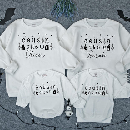 Matching Cousin Crew Christmas Sweatshirts Custom Names Retro Family Xmas Outfits Toddler Baby Holiday Clothes Stars Trees Houses