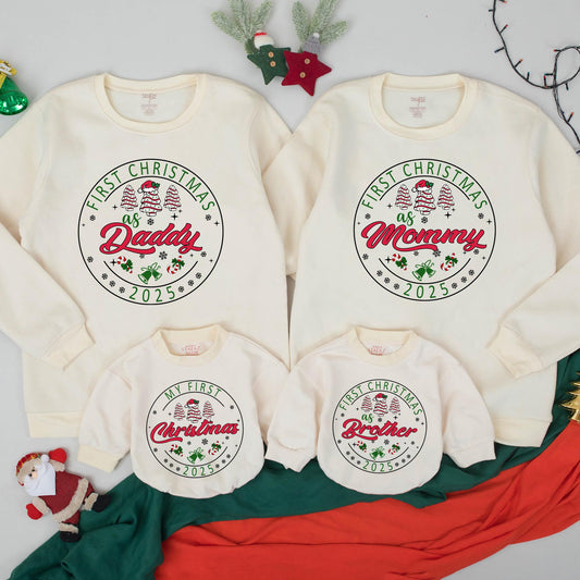 Personalized First Christmas 2025 Baby Sweatshirt for Kids & Mommy Festive Green Red Tree Snowflakes Candy Cane Bells Soft Cotton Design
