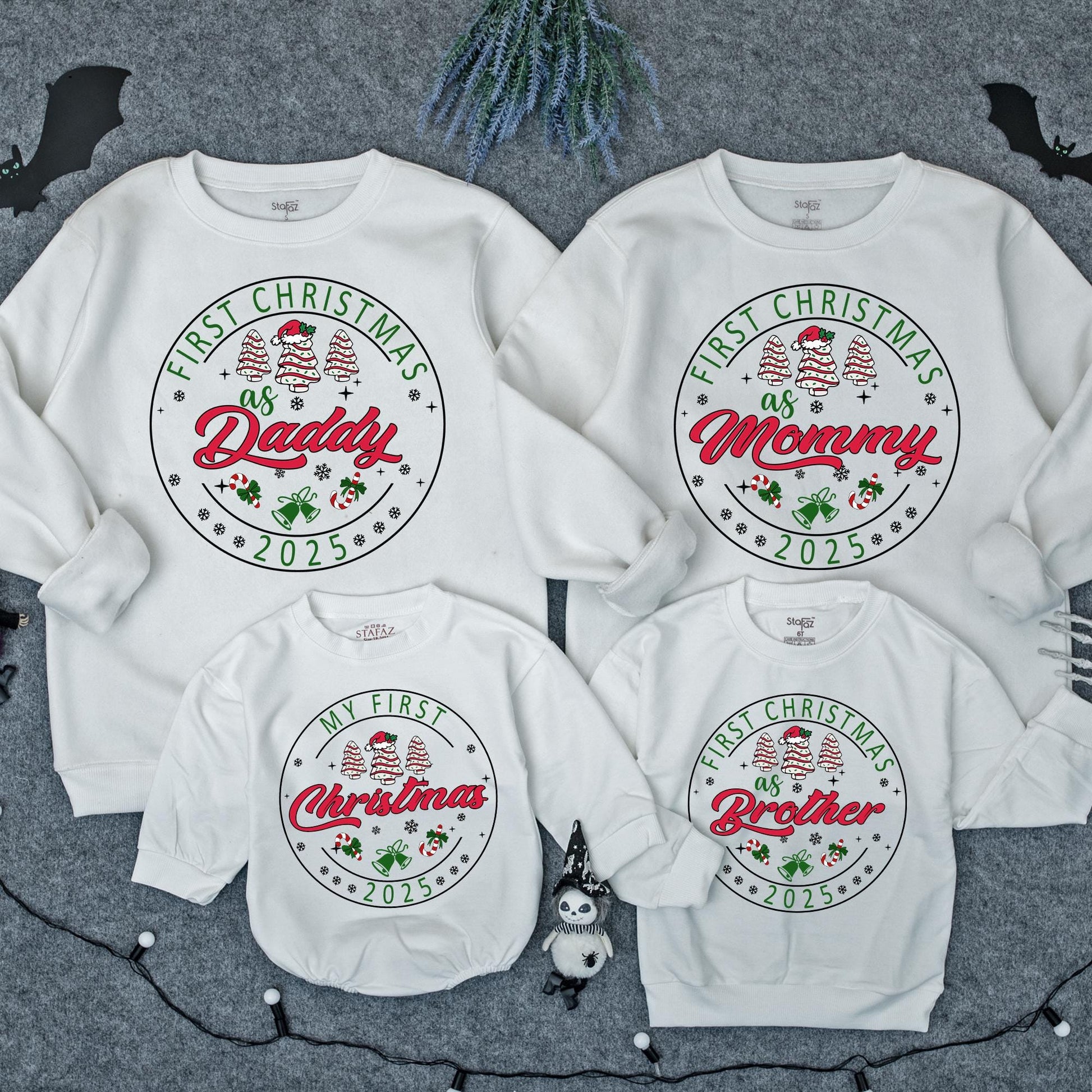 Personalized First Christmas 2025 Baby Sweatshirt for Kids & Mommy Festive Green Red Tree Snowflakes Candy Cane Bells Soft Cotton Design
