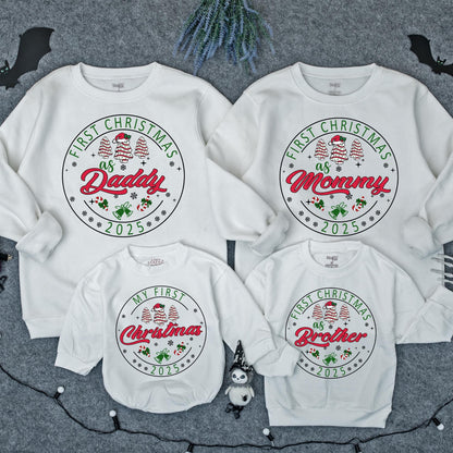 Personalized First Christmas 2025 Baby Sweatshirt for Kids & Mommy Festive Green Red Tree Snowflakes Candy Cane Bells Soft Cotton Design