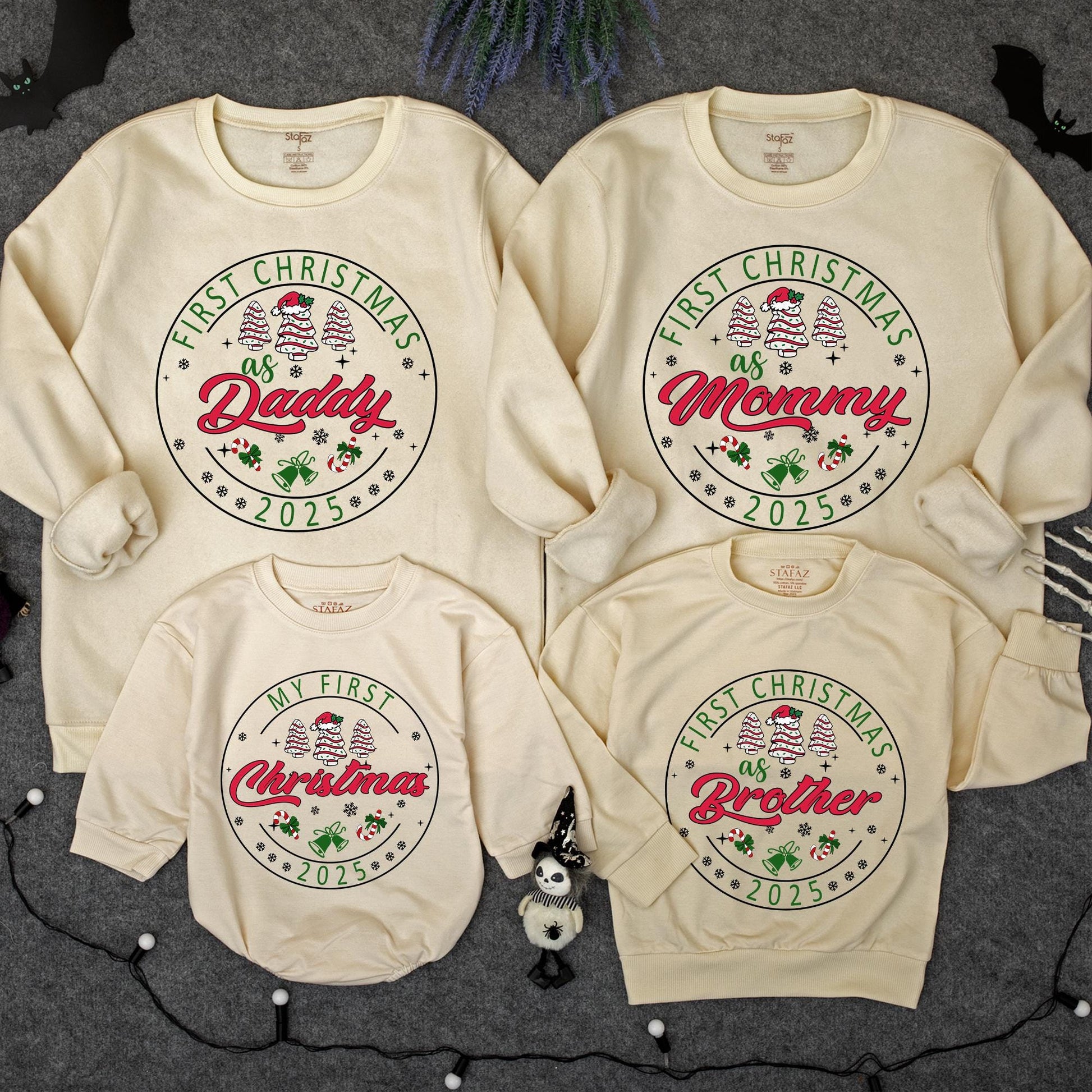 Personalized First Christmas 2025 Baby Sweatshirt for Kids & Mommy Festive Green Red Tree Snowflakes Candy Cane Bells Soft Cotton Design