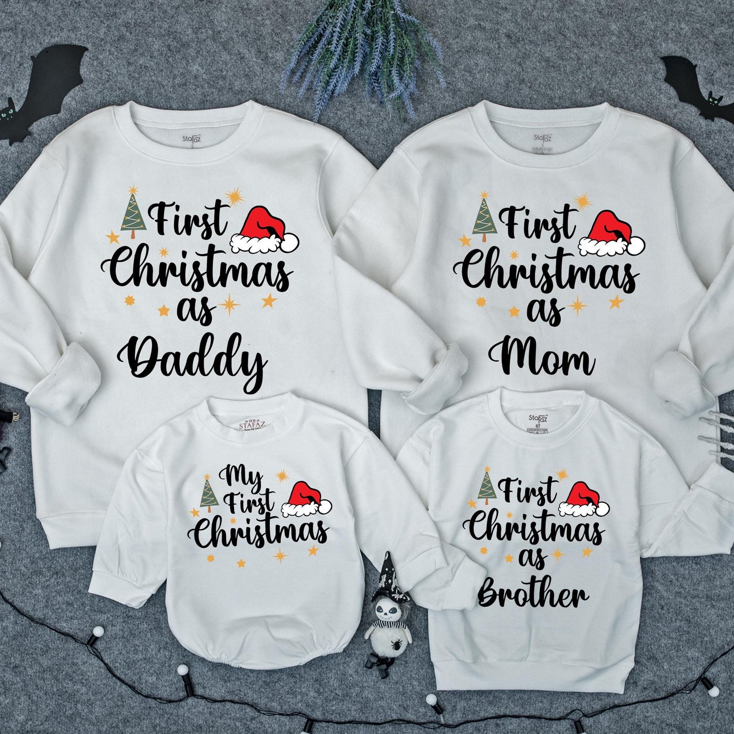 First Christmas Family Sweatshirt Matching Mommy Daddy Brother First Xmas Baby Toddler Holiday Outfit Gold Stars Santa Hat Green Tree