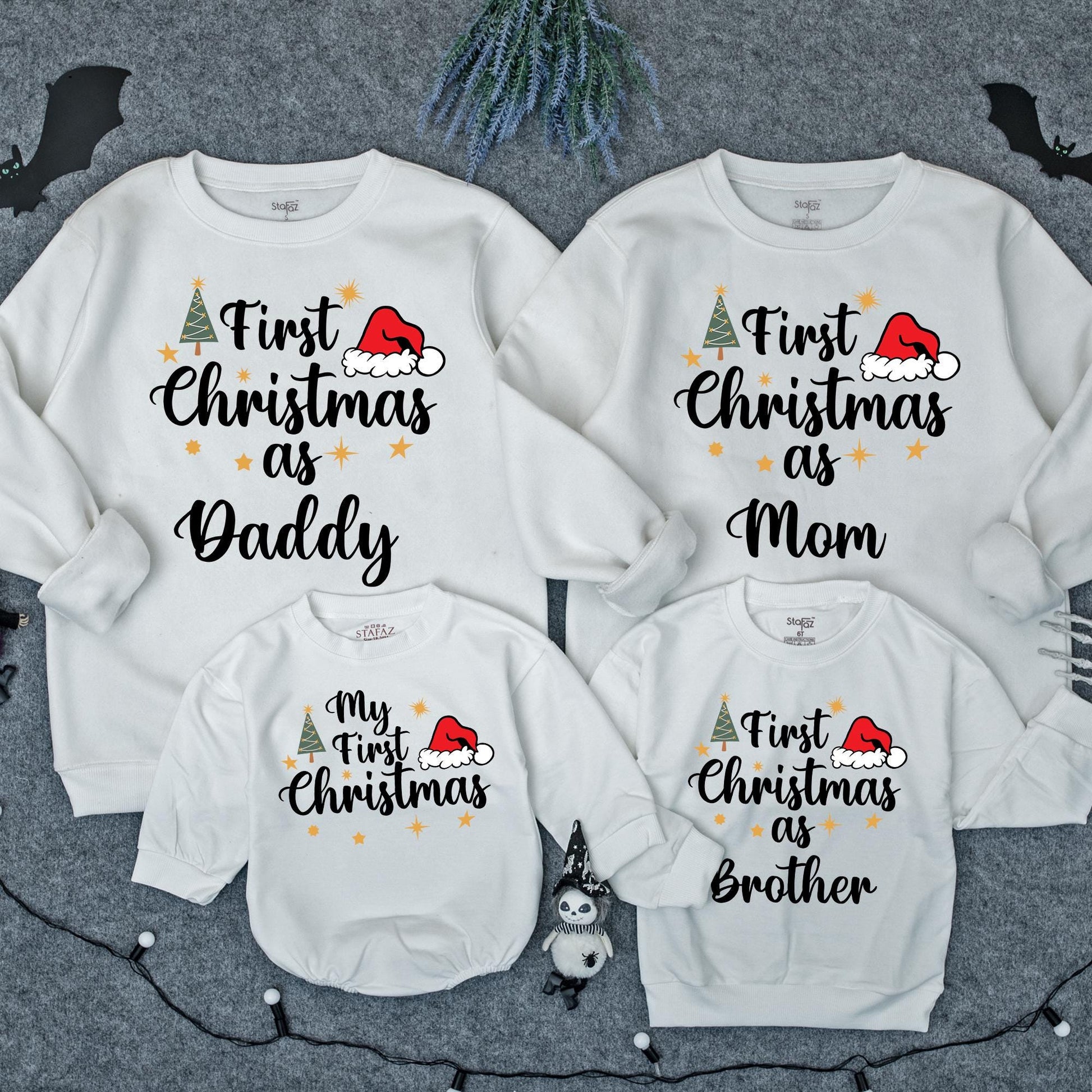 First Christmas Family Sweatshirt Matching Mommy Daddy Brother First Xmas Baby Toddler Holiday Outfit Gold Stars Santa Hat Green Tree