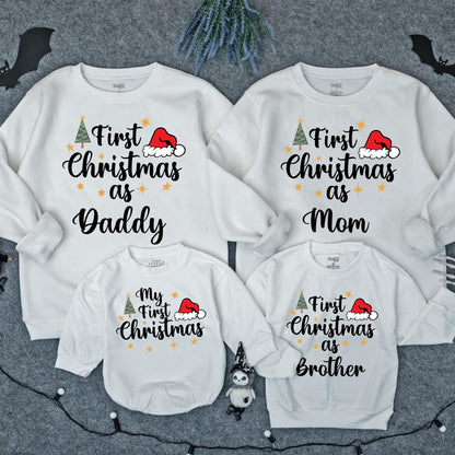 First Christmas Family Sweatshirt Matching Mommy Daddy Brother First Xmas Baby Toddler Holiday Outfit Gold Stars Santa Hat Green Tree