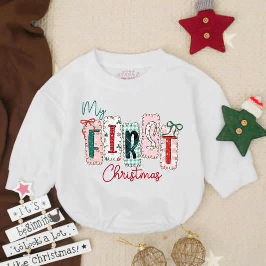 My First Christmas Bubble Romper for Baby Girl, Festive Holiday Outfit with Plaid & Snowflake Design, Newborn Winter Gift