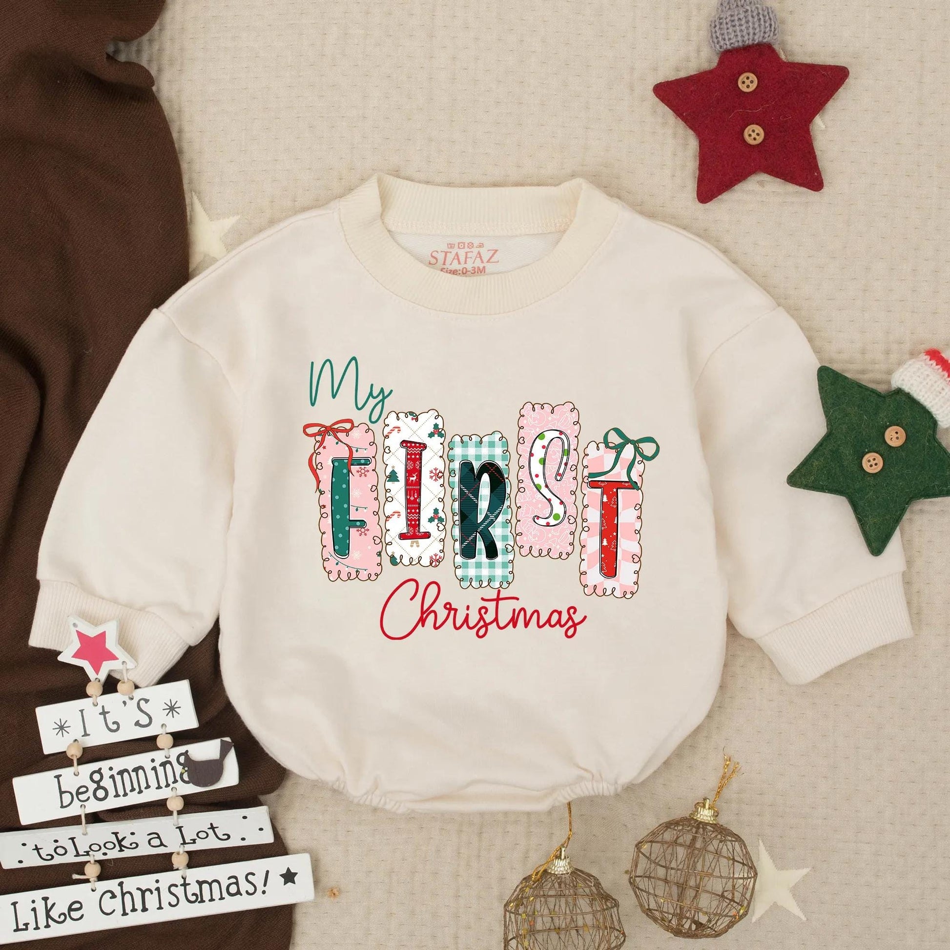 My First Christmas Bubble Romper for Baby Girl, Festive Holiday Outfit with Plaid & Snowflake Design, Newborn Winter Gift
