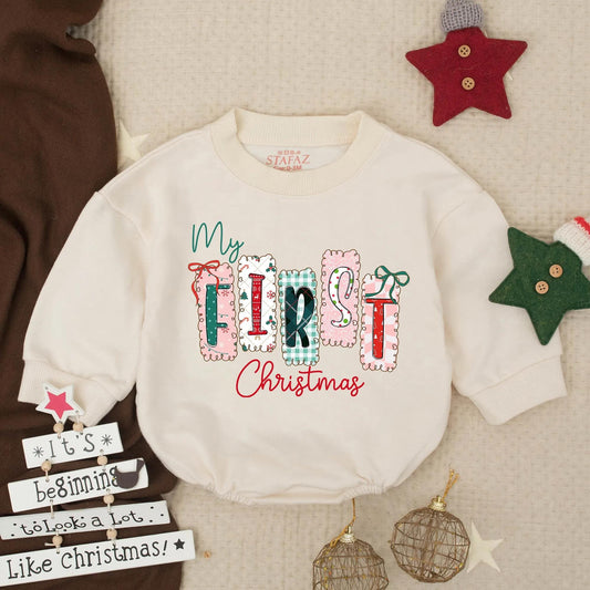 My First Christmas Bubble Romper for Baby Girl, Festive Holiday Outfit with Plaid & Snowflake Design, Newborn Winter Gift