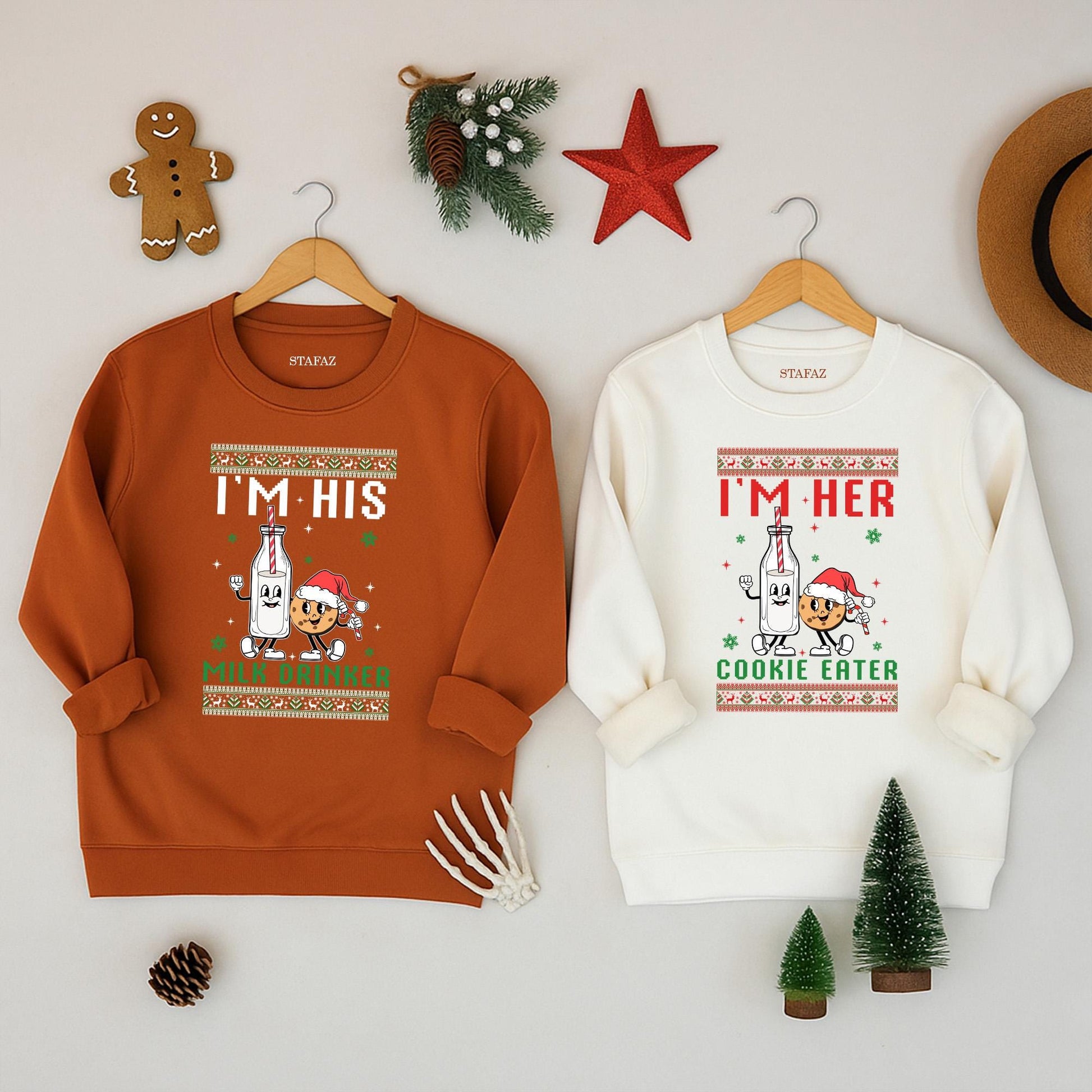 I'm Her Cookie Eater I'm His Milk Drinker Xmas Sweater Funny Matching Couple Holiday Shirts Festive Coordinating Festive Holiday Outfits for Couples Christmas Party Season