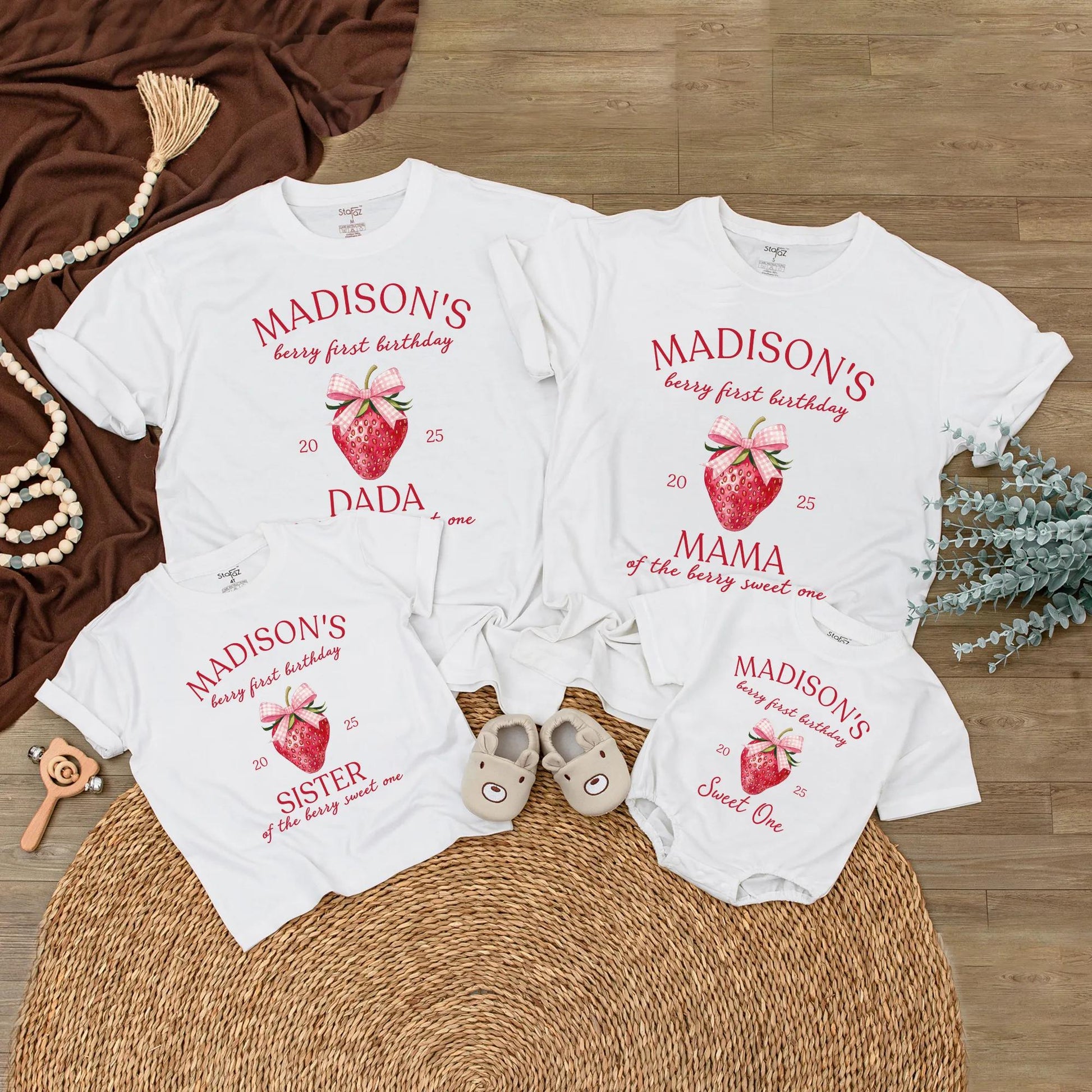 Madison's Berry First Birthday Matching Family Shirts, Strawberry 1st Birthday Party Tee, Cute Gingham Bow Design, Sweet One Outfit 2025, Mom Dad