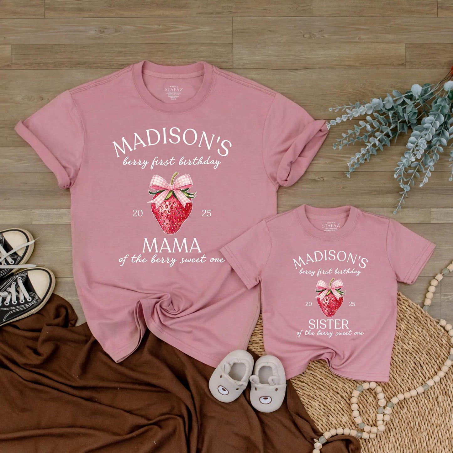 Madison's Berry First Birthday Matching Family Shirts, Strawberry 1st Birthday Party Tee, Cute Gingham Bow Design, Sweet One Outfit 2025, Mom Dad