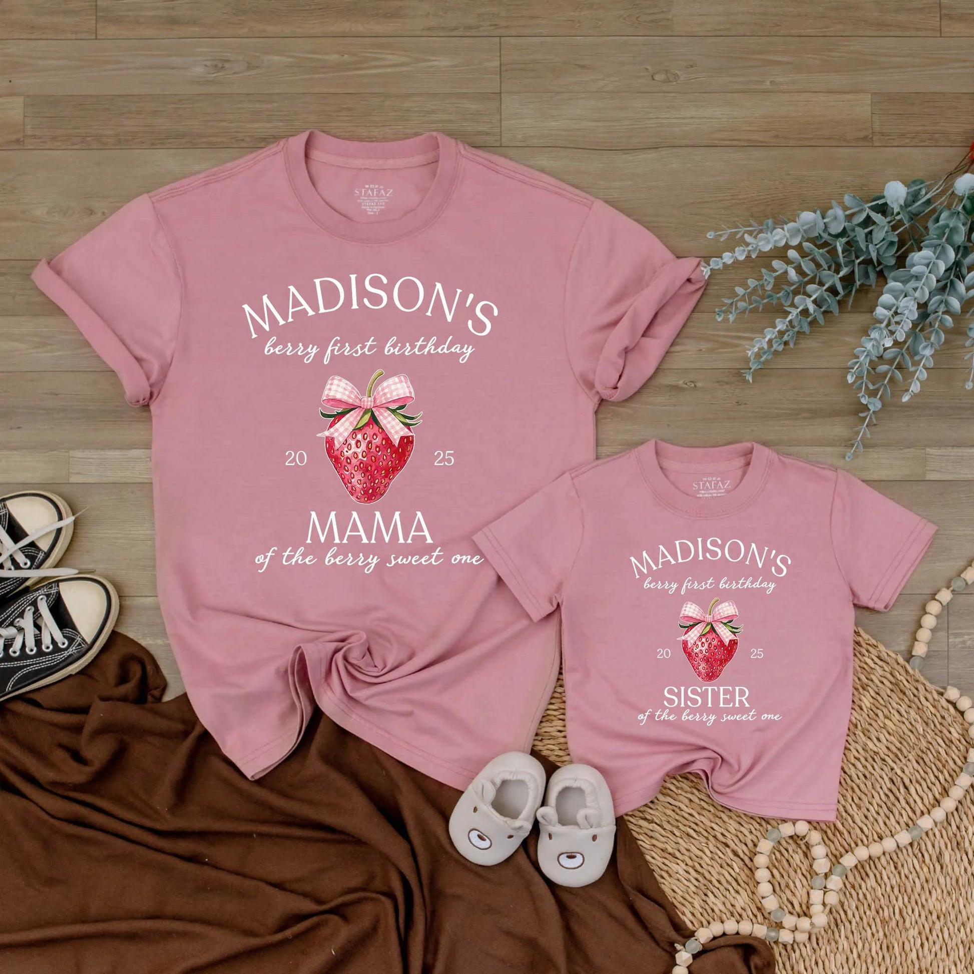 Madison's Berry First Birthday Matching Family Shirts, Strawberry 1st Birthday Party Tee, Cute Gingham Bow Design, Sweet One Outfit 2025, Mom Dad