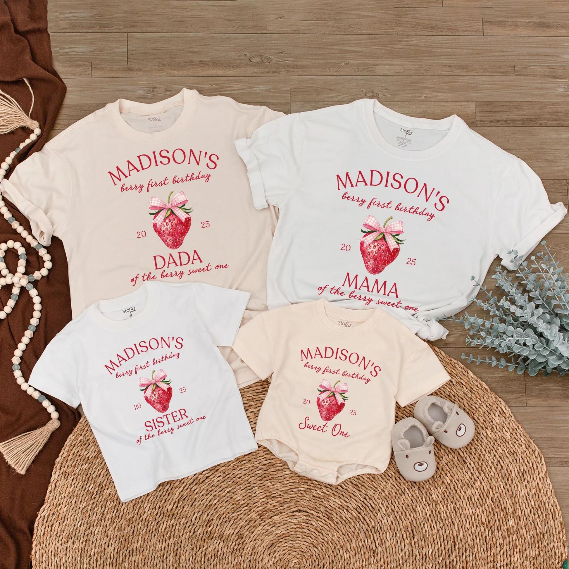 Madison's Berry First Birthday Matching Family Shirts, Strawberry 1st Birthday Party Tee, Cute Gingham Bow Design, Sweet One Outfit 2025, Mom Dad