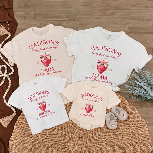 Madison's Berry First Birthday Matching Family Shirts, Strawberry 1st Birthday Party Tee, Cute Gingham Bow Design, Sweet One Outfit 2025, Mom Dad