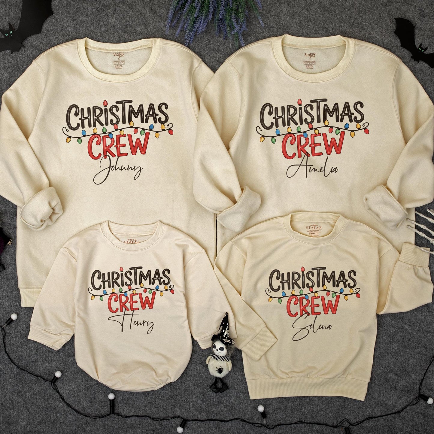 Personalized Christmas Crew Sweatshirt: Custom Name Holiday Lights Family Matching Cotton Crewneck, Cheerful Festive Christmas Gift Idea for Squad, Mama Shirt