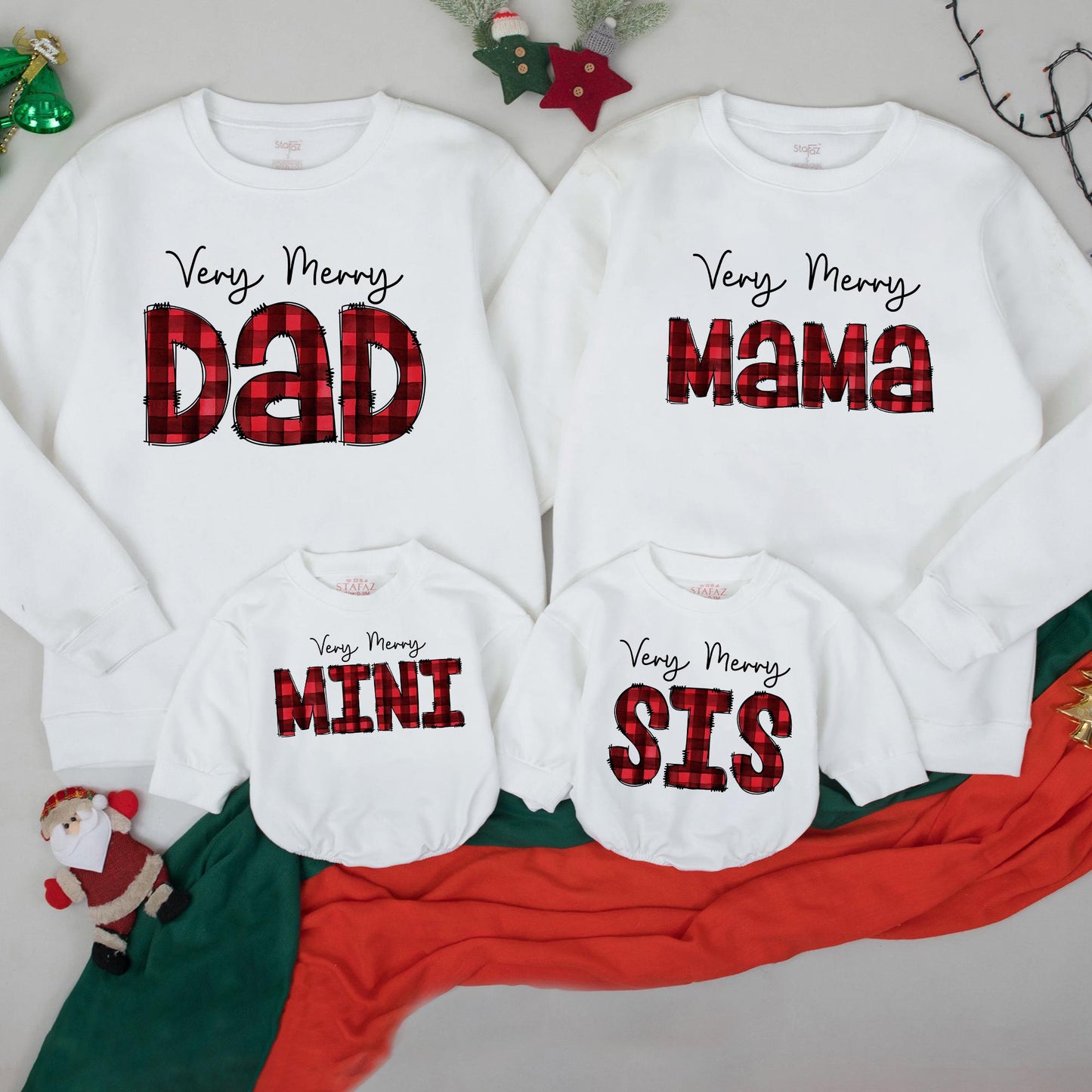Matching Very Merry Family Christmas Sweatshirts: Buffalo Plaid Dad, Mama, Mini, Sis Cotton Gift
