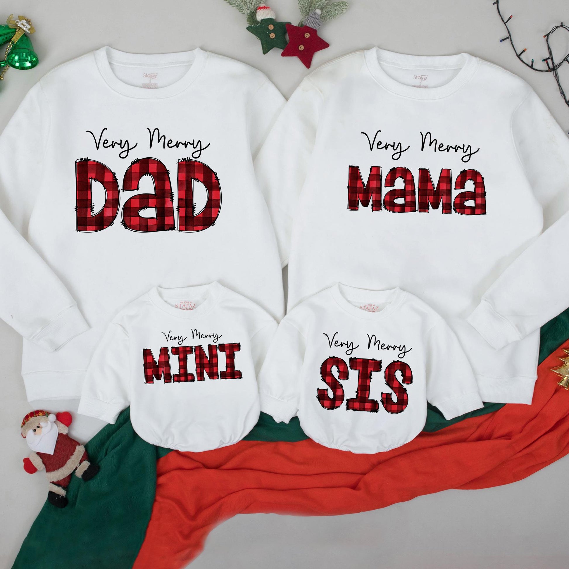 Matching Very Merry Family Christmas Sweatshirts: Buffalo Plaid Dad, Mama, Mini, Sis Cotton Gift