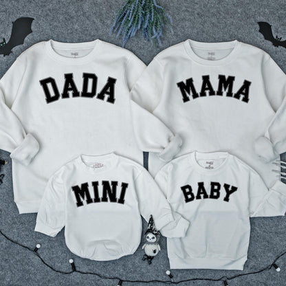 Matching Family Christmas Sweatshirts: Dada, Mama, Mini, Baby - Black Block Text Outfits for Holiday Pictures, Cotton, Comfortable