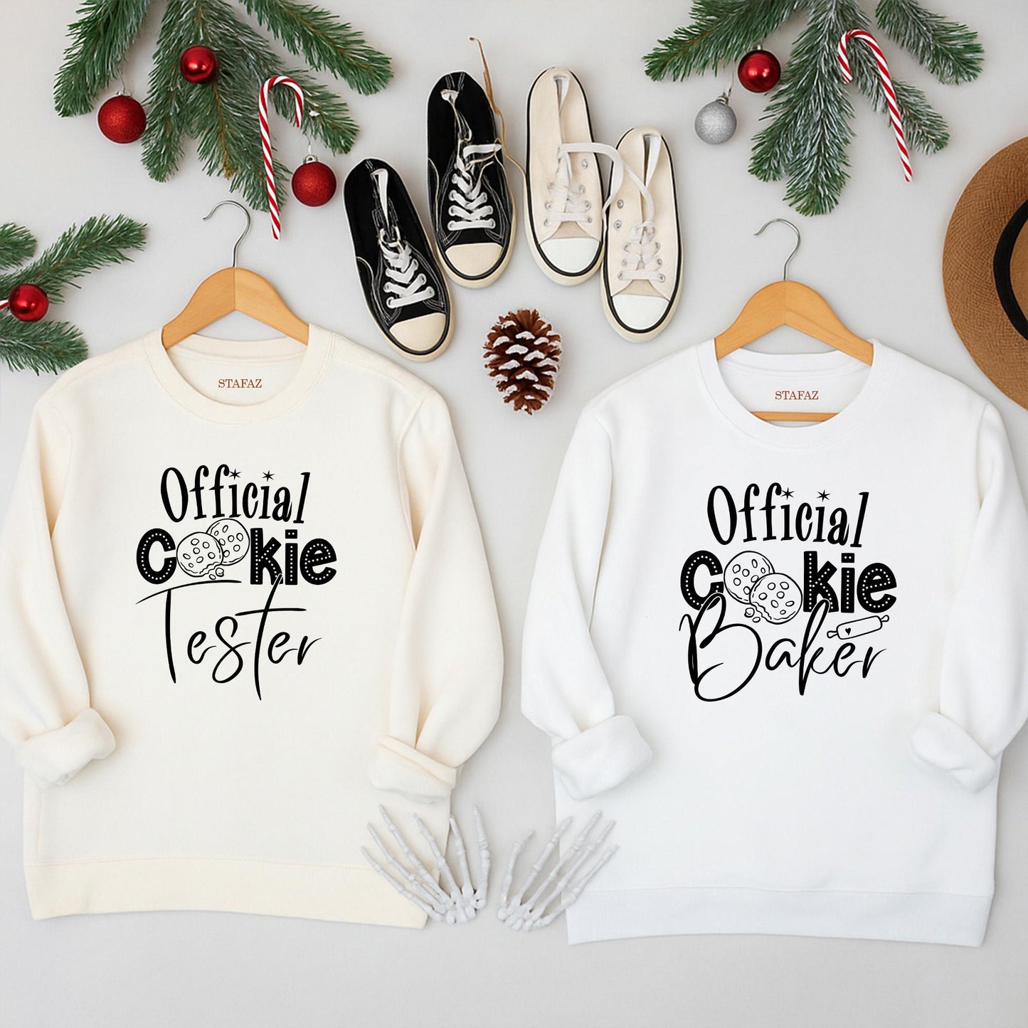 Matching Official Cookie Baker Tester Christmas Sweatshirt: Funny Xmas Holiday Sweater for Baking Team Couples, Cute Festive Holiday Cookie Matching Top