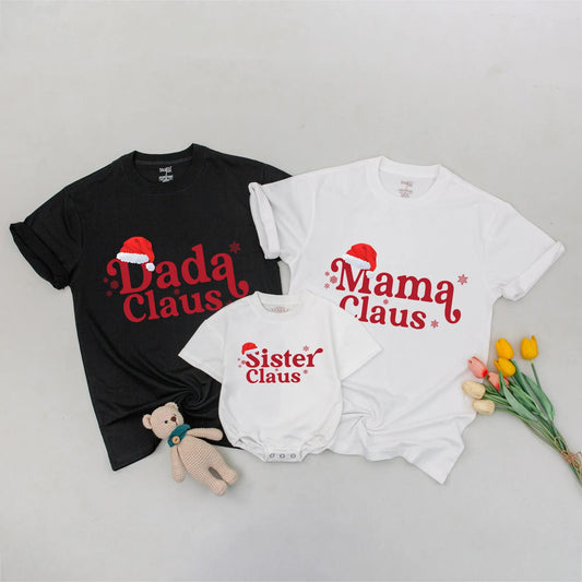 Matching Mama Claus, Dada Claus & Baby Claus Christmas Family Shirts! Festive Holiday Outfits for Mom, Dad & Baby with Santa Hats & Snowflake Accents