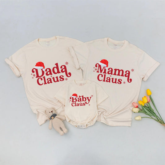 Matching Mama Claus, Dada Claus & Baby Claus Christmas Family Shirts! Festive Holiday Outfits for Mom, Dad & Baby with Santa Hats & Snowflake Accents