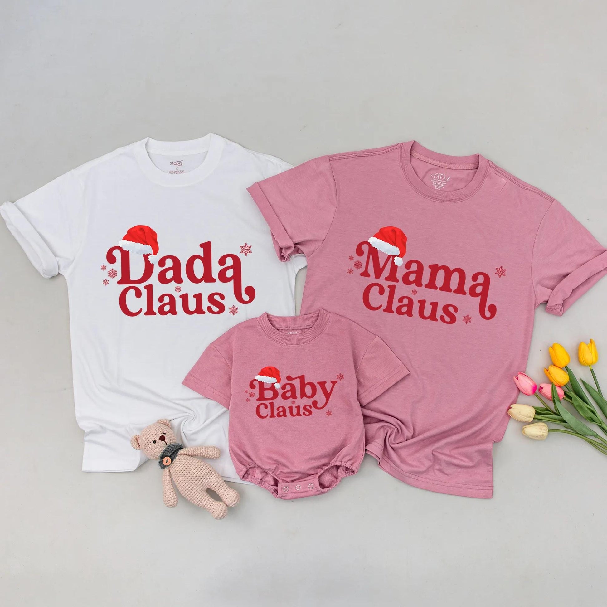 Matching Mama Claus, Dada Claus & Baby Claus Christmas Family Shirts! Festive Holiday Outfits for Mom, Dad & Baby with Santa Hats & Snowflake Accents