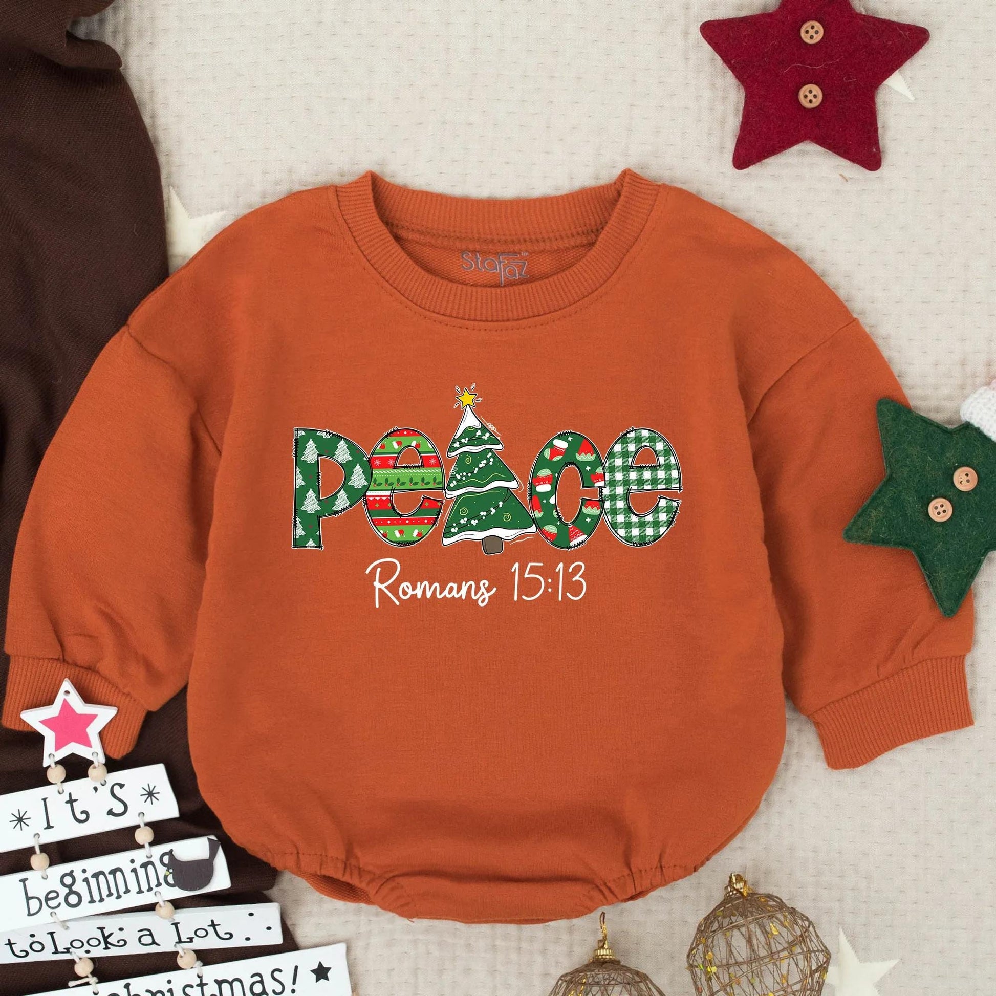 Peace Christmas Baby Bubble Romper Infant Outfit with Festive Graphics, Religious Holiday Gift, Toddler Christian Clothes