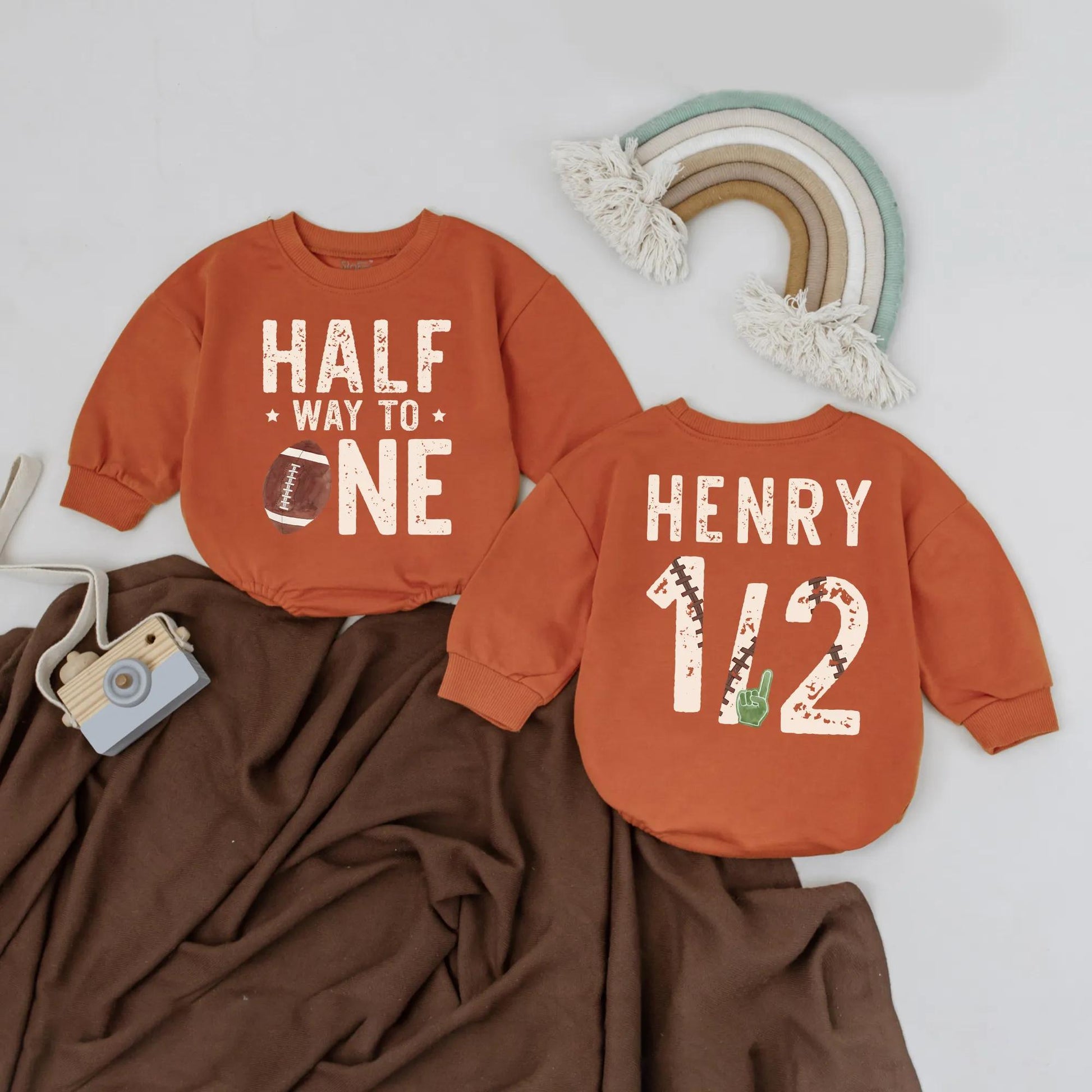 Personalized Half Way To One Football Birthday Bubble Romper Baby Boy Outfit for his six month game day celebration, a unique custom bodysuit