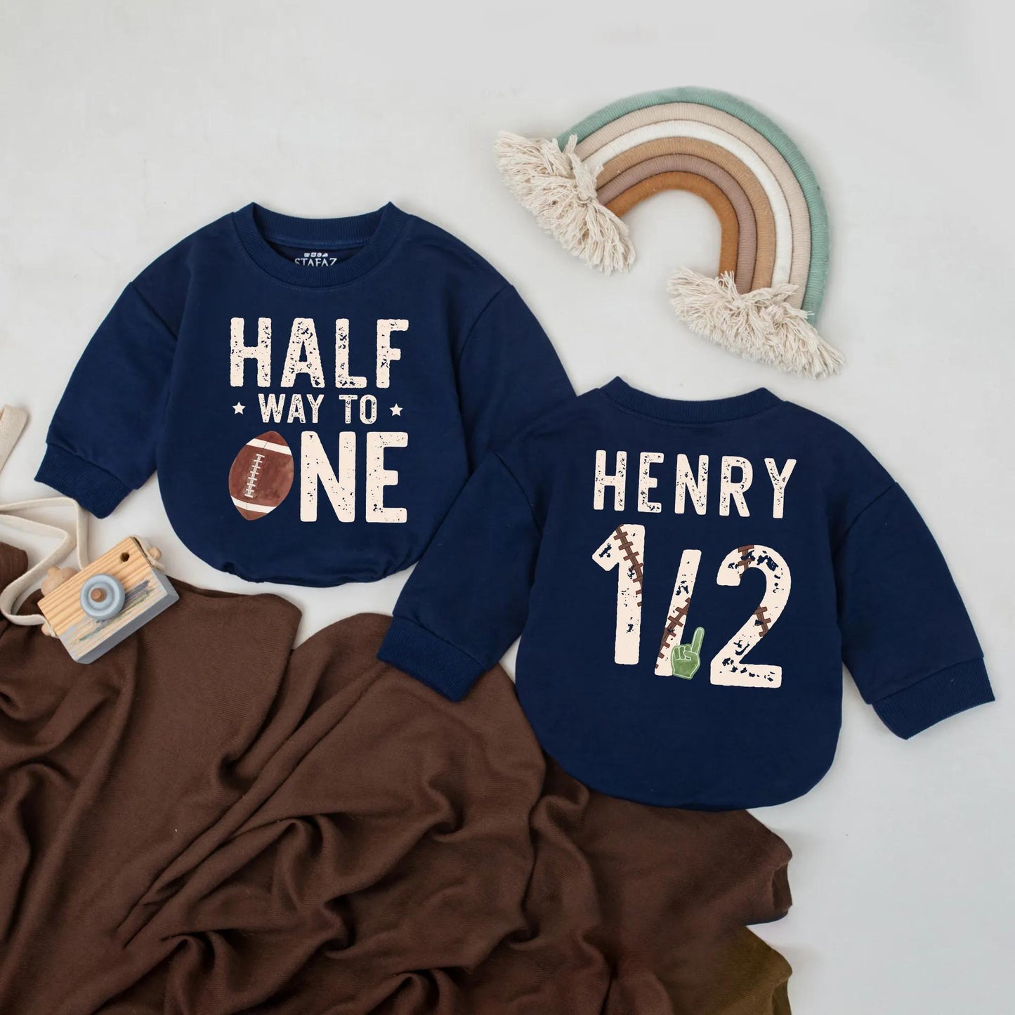 Personalized Half Way To One Football Birthday Bubble Romper Baby Boy Outfit for his six month game day celebration, a unique custom bodysuit
