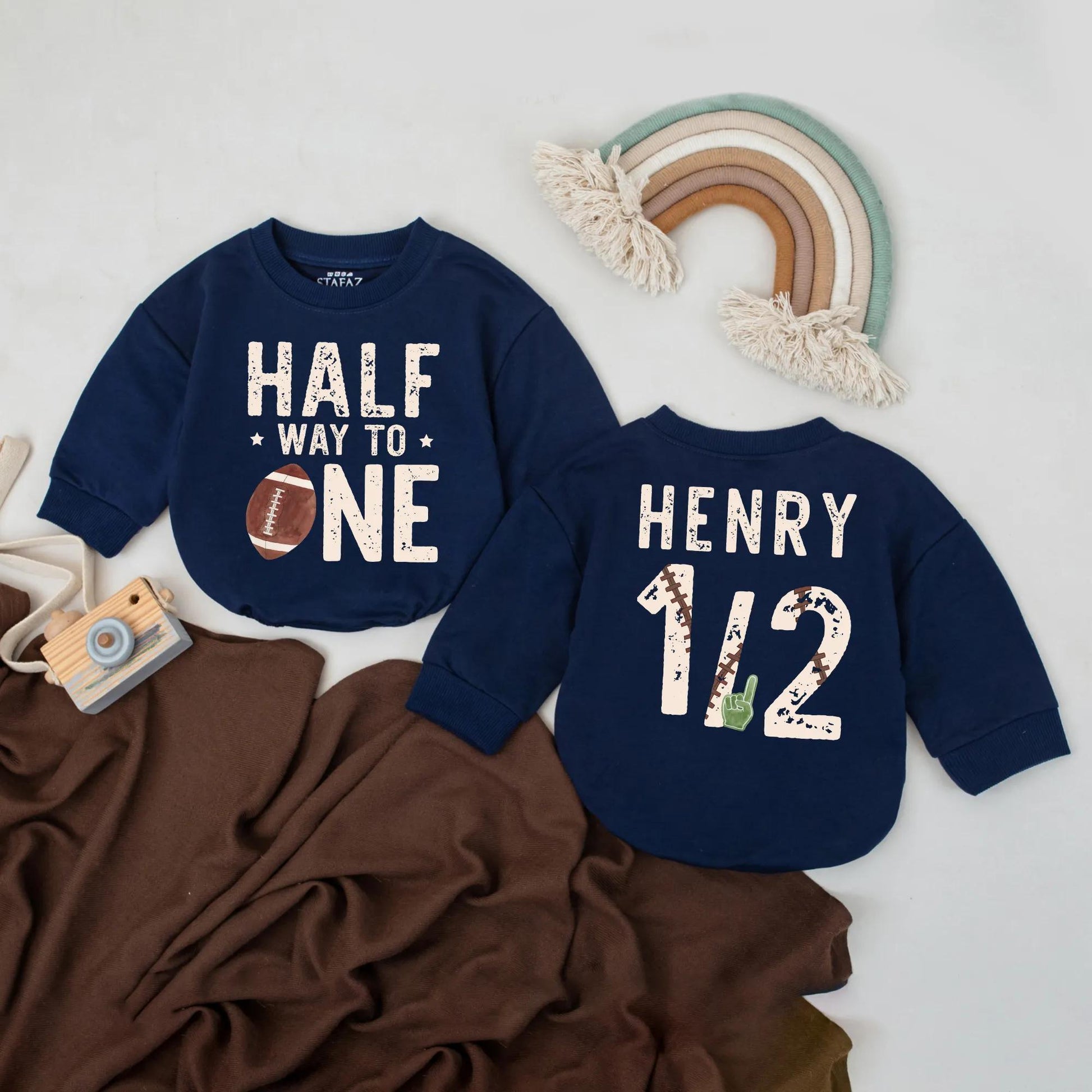 Personalized Half Way To One Football Birthday Bubble Romper Baby Boy Outfit for his six month game day celebration, a unique custom bodysuit