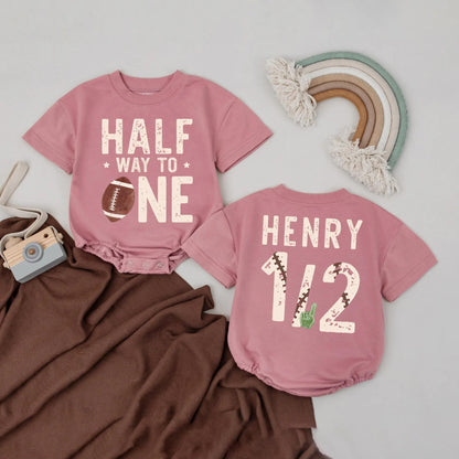 Personalized Half Way To One Football Birthday Bubble Romper Baby Boy Outfit for his six month game day celebration, a unique custom bodysuit