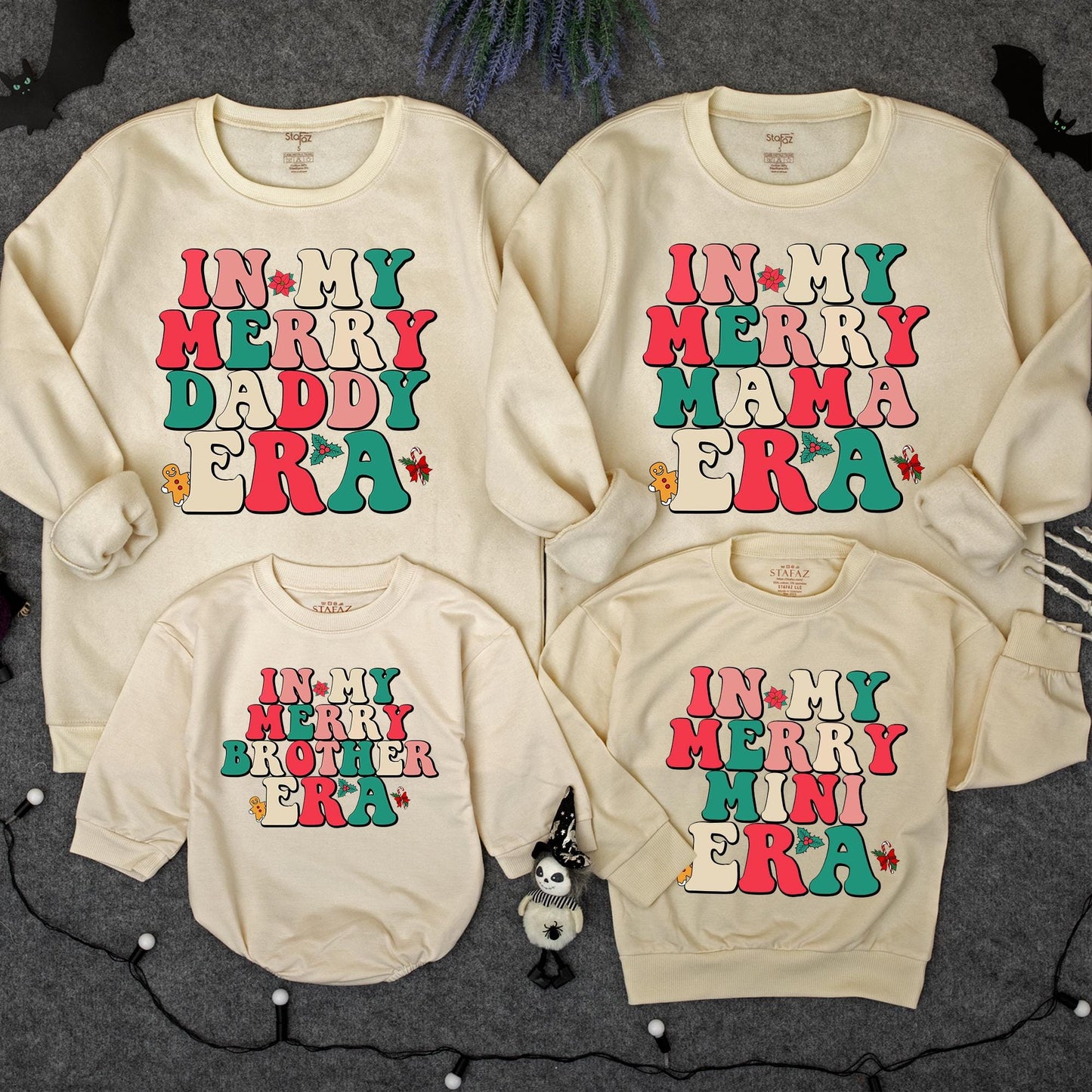 Retro Merry Christmas Sweatshirt for Mama and Mini Matching Family Outfits Vintage Christmas Vibes Red Green Pink Beige Custom Holiday Gift