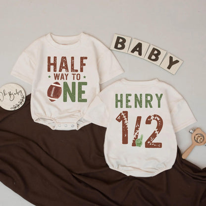 Personalized Half Way To One Football Birthday Bubble Romper Baby Boy Outfit for his six month game day celebration, a unique custom bodysuit
