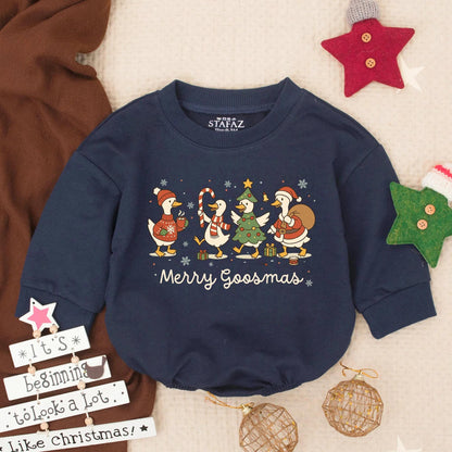 Merry Goosmas Baby Romper: Funny Goose Christmas Outfit for Infant, Toddler Holiday Clothes & Gift, Cute Vintage Design
