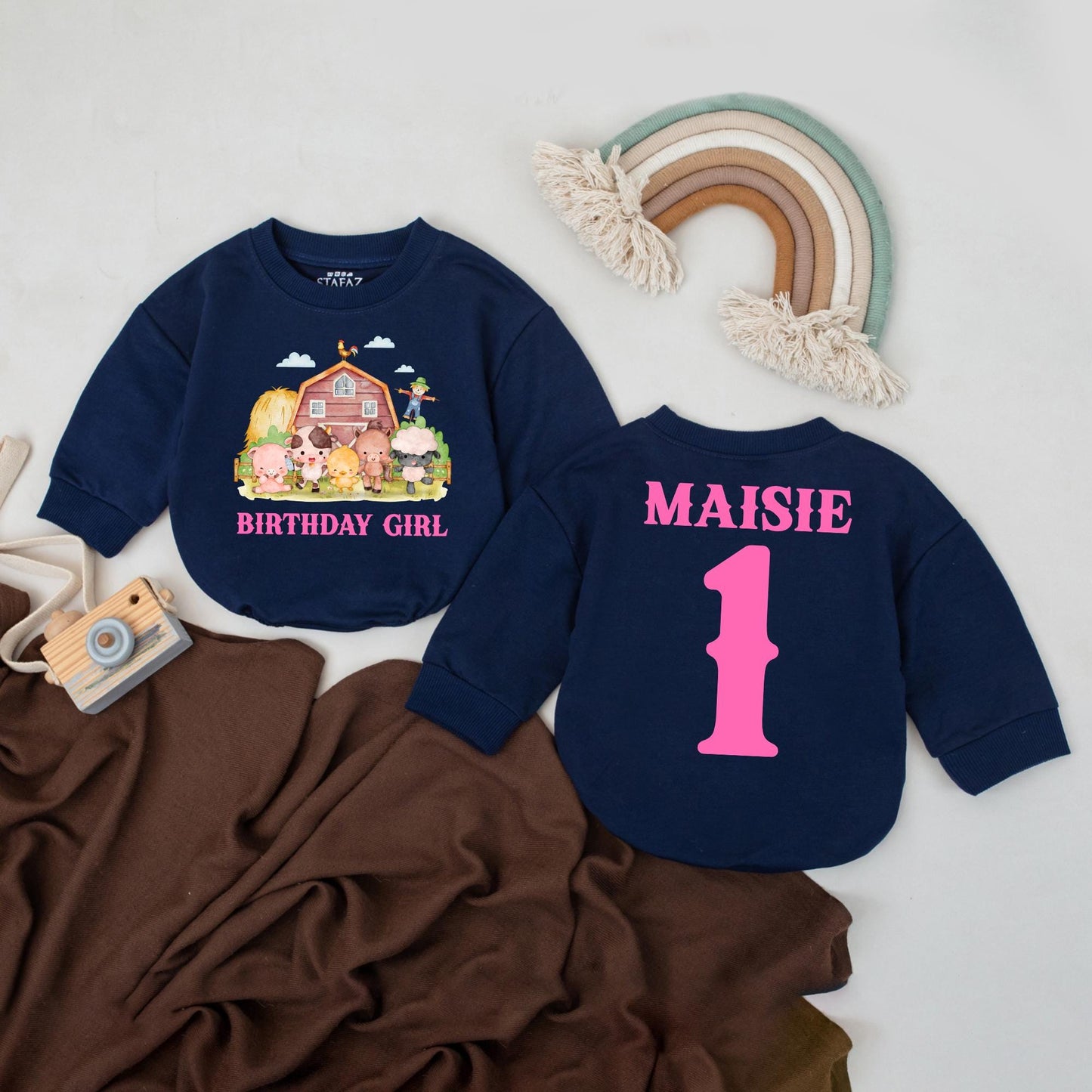 Farm Birthday Girl Bubble Romper Custom Name 1st Birthday Outfit Pink Barnyard Animal Theme Personalized Baby Girl Gift