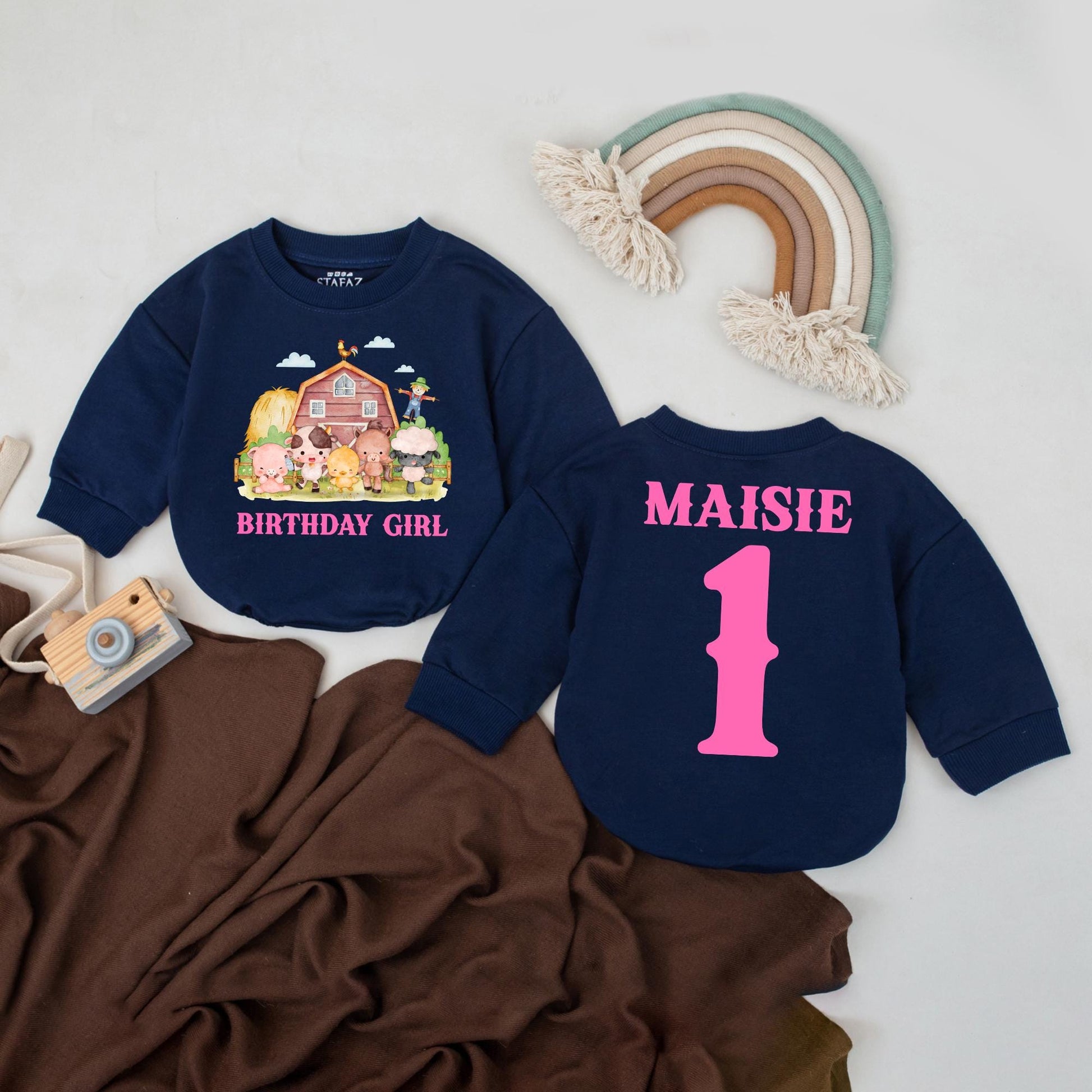 Farm Birthday Girl Bubble Romper Custom Name 1st Birthday Outfit Pink Barnyard Animal Theme Personalized Baby Girl Gift