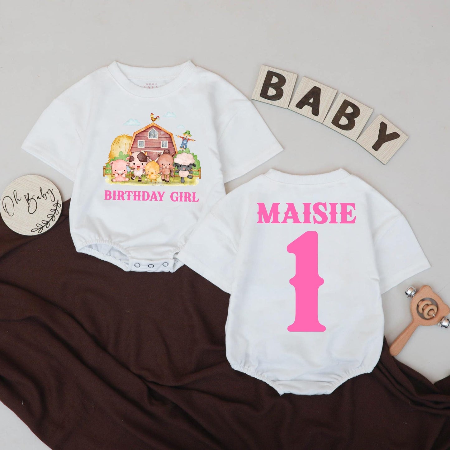 Farm Birthday Girl Bubble Romper Custom Name 1st Birthday Outfit Pink Barnyard Animal Theme Personalized Baby Girl Gift