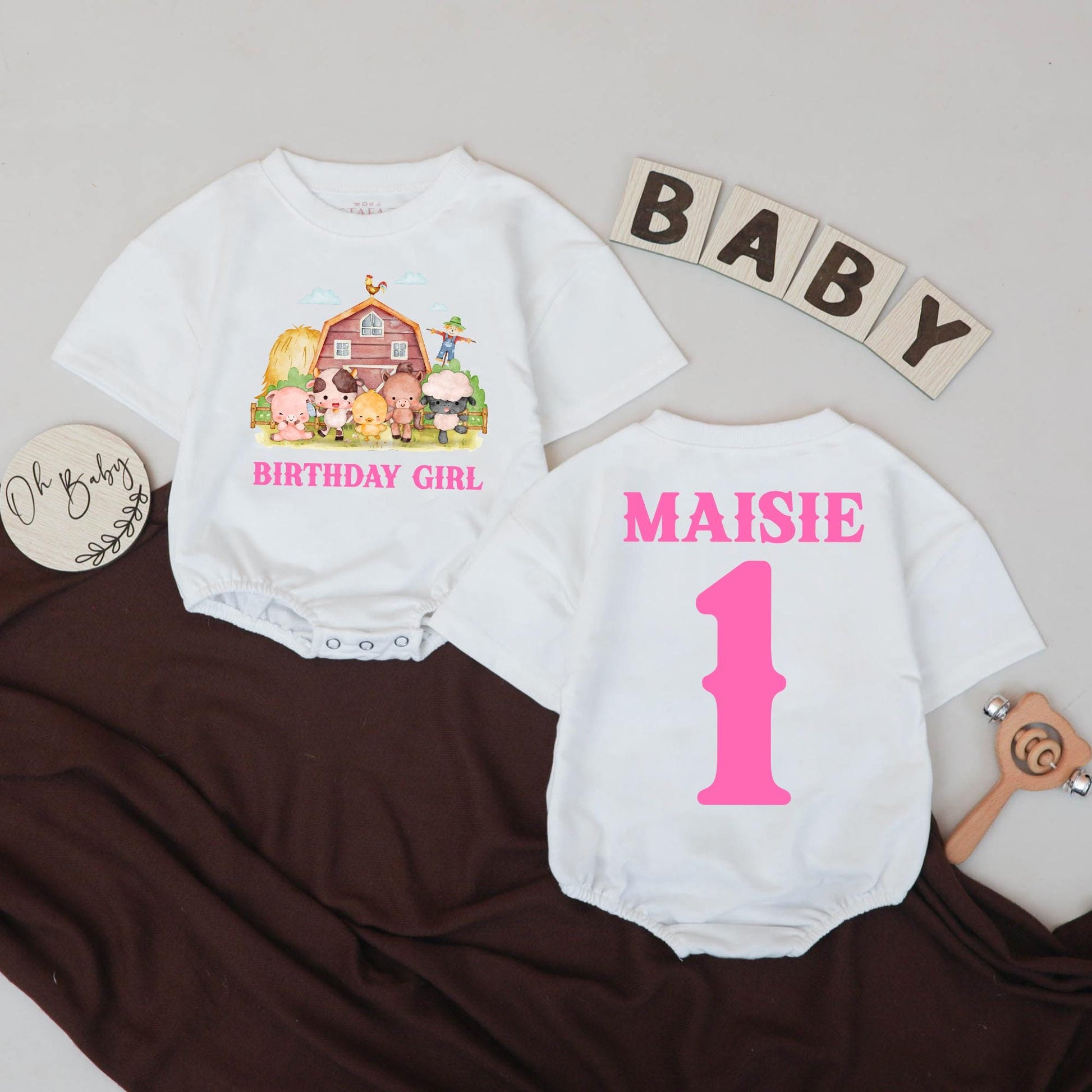Farm Birthday Girl Bubble Romper Custom Name 1st Birthday Outfit Pink Barnyard Animal Theme Personalized Baby Girl Gift
