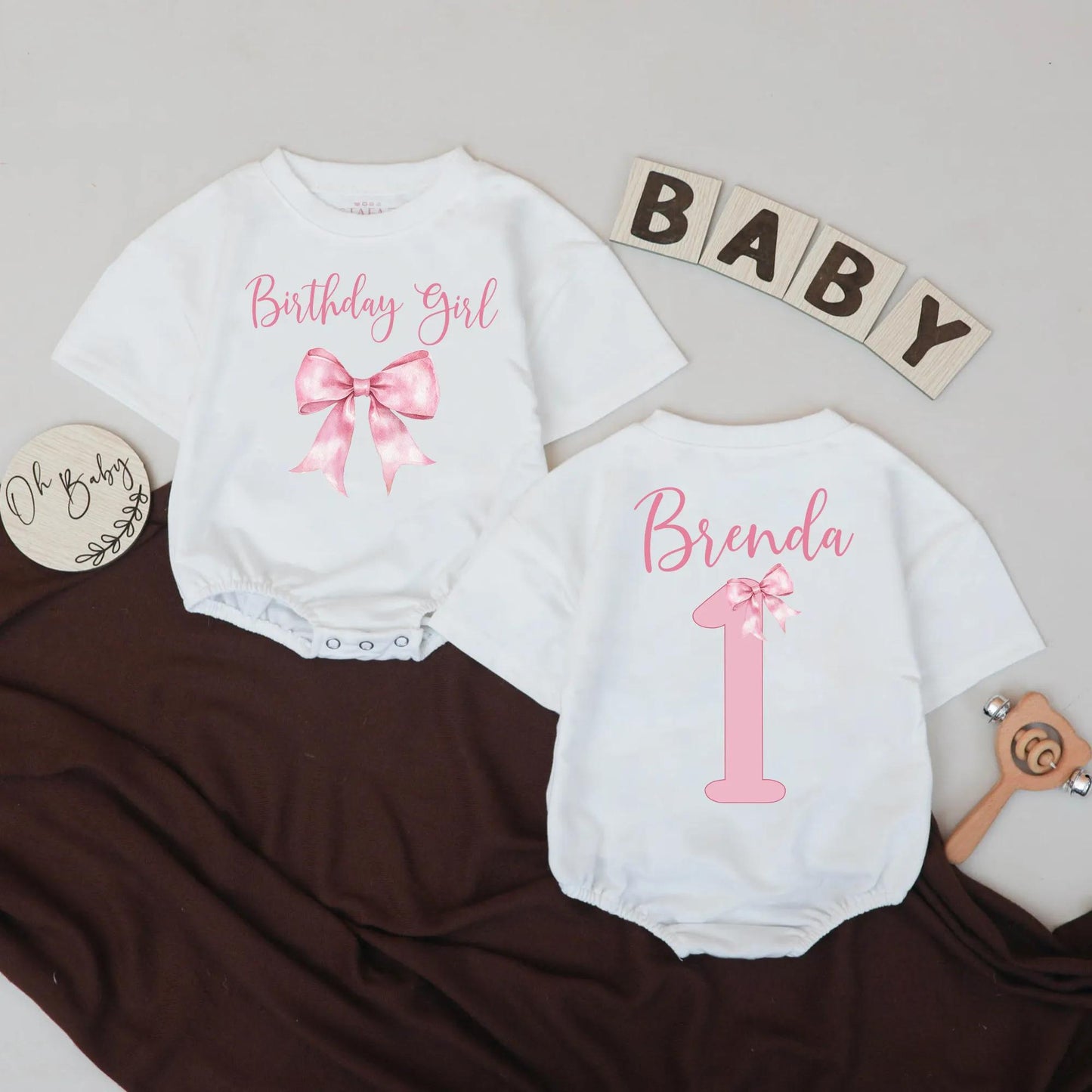 Personalized Birthday Girl Romper Brenda 1st Birthday Outfit Retro Pink Bow Bubble Baby Girl Celebration Clothes
