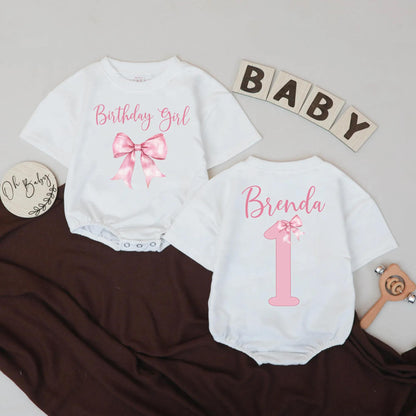 Personalized Birthday Girl Romper Brenda 1st Birthday Outfit Retro Pink Bow Bubble Baby Girl Celebration Clothes