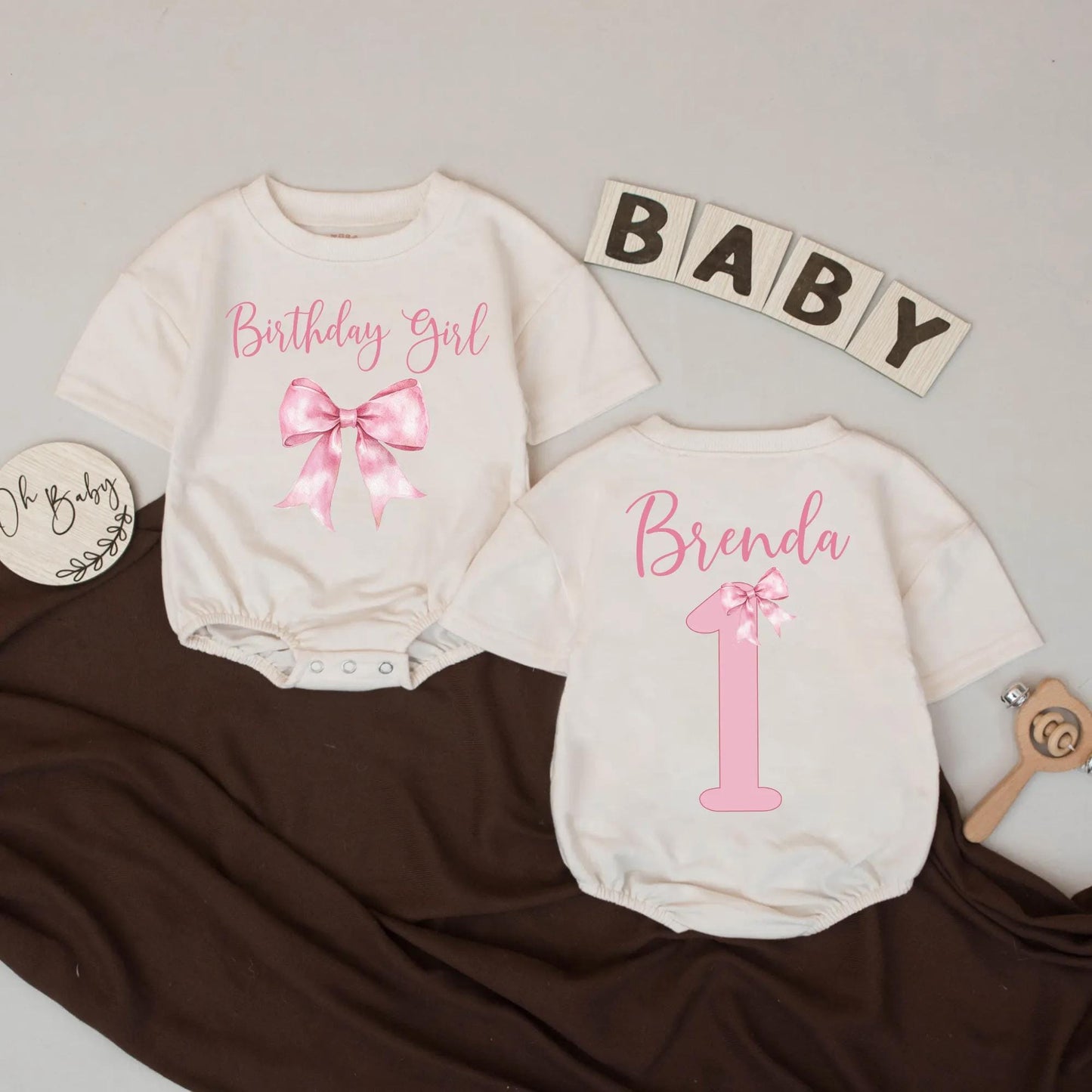 Personalized Birthday Girl Romper Brenda 1st Birthday Outfit Retro Pink Bow Bubble Baby Girl Celebration Clothes