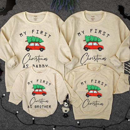 My First Christmas Baby Sweatshirt Cute Red Car Green Tree Family Holiday Outfit Toddler Infant Boy Girl Matching Tops Cozy Festive Gift