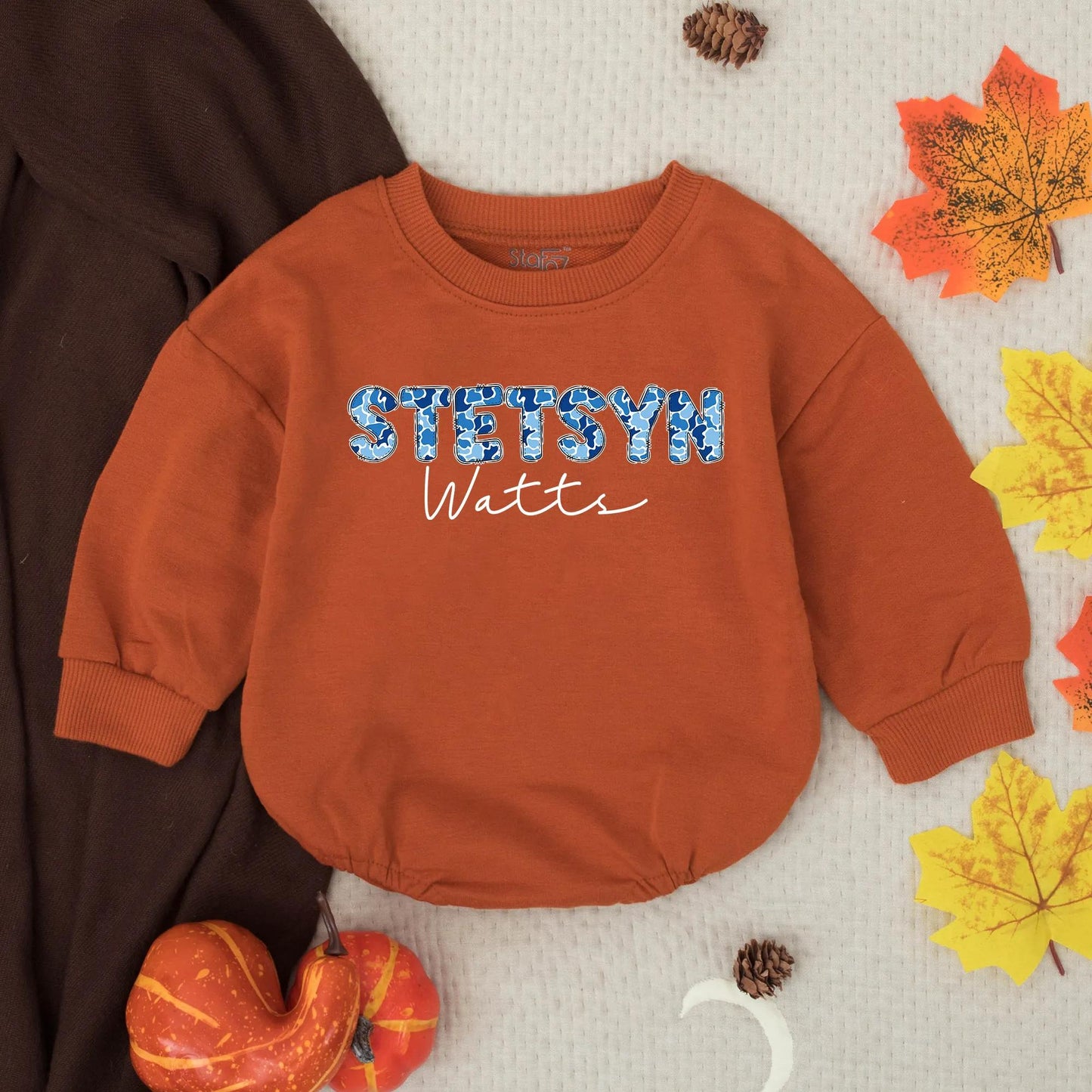 Personalized Stetson Watts Camo Bubble Romper, Custom Blue Camouflage Boy Outfit, Trendy Infant Clothes, Southern Baby Shower Gift, Newborn Toddler Apparel