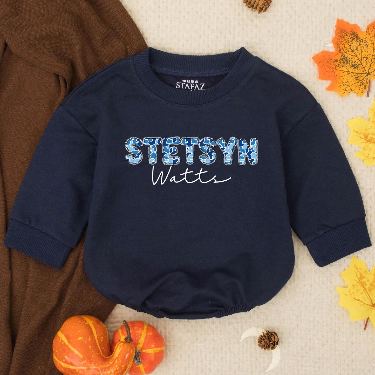 Personalized Stetson Watts Camo Bubble Romper, Custom Blue Camouflage Boy Outfit, Trendy Infant Clothes, Southern Baby Shower Gift, Newborn Toddler Apparel