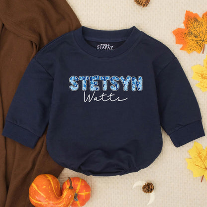 Personalized Stetson Watts Camo Bubble Romper, Custom Blue Camouflage Boy Outfit, Trendy Infant Clothes, Southern Baby Shower Gift, Newborn Toddler Apparel