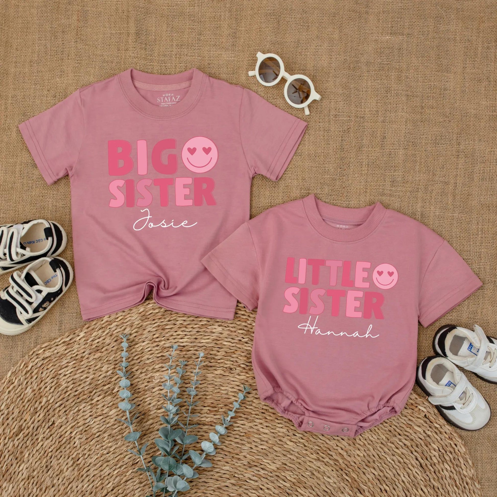 Matching Big Sister, Middle Sister, Little Sister Shirts & Romper Set, Custom Names, Pink Heart Eyes Design, Baby Girl Announcement