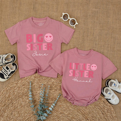 Matching Big Sister, Middle Sister, Little Sister Shirts & Romper Set, Custom Names, Pink Heart Eyes Design, Baby Girl Announcement