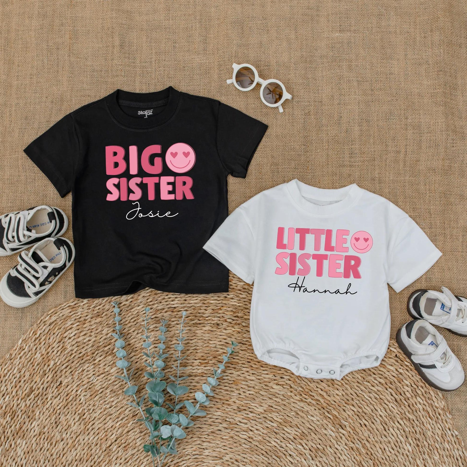 Matching Big Sister, Middle Sister, Little Sister Shirts & Romper Set, Custom Names, Pink Heart Eyes Design, Baby Girl Announcement