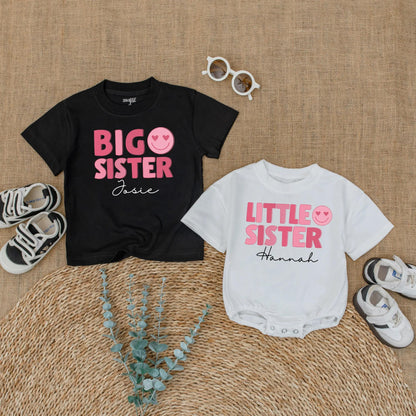 Matching Big Sister, Middle Sister, Little Sister Shirts & Romper Set, Custom Names, Pink Heart Eyes Design, Baby Girl Announcement
