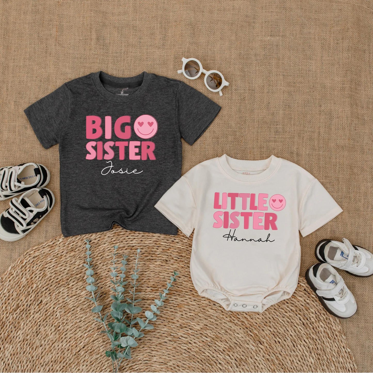 Matching Big Sister, Middle Sister, Little Sister Shirts & Romper Set, Custom Names, Pink Heart Eyes Design, Baby Girl Announcement